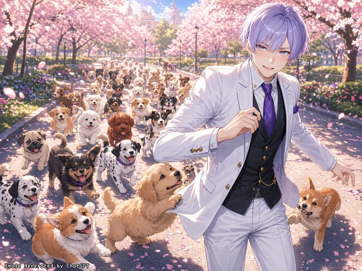 自作キャラクターがたくさんの子犬たちの先頭を走る生成AI(ChatGPT)で作ったイラスト