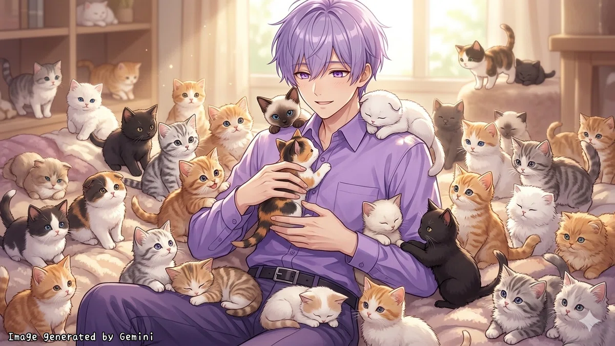 自作キャラクターが密集する子猫に囲まれている生成AI(Gemini)で作ったイラスト