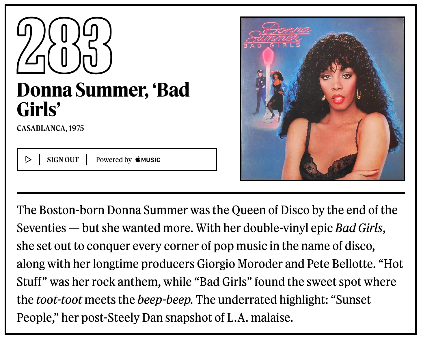 283位：ドナ・サマー『Bad Girls』｜「歴代最高のアルバム500選」を