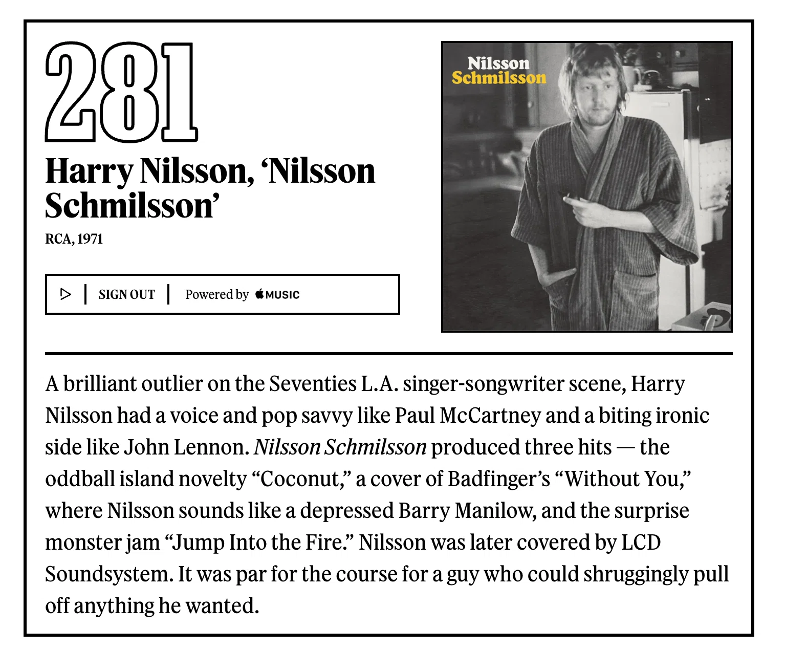 NILSSON,SACD,新品,限定盤,ハリー・ニルソン,バッドフィンガー 281位：ハリー・ニルソン『Nilsson Schmilsson』｜「歴代最高の