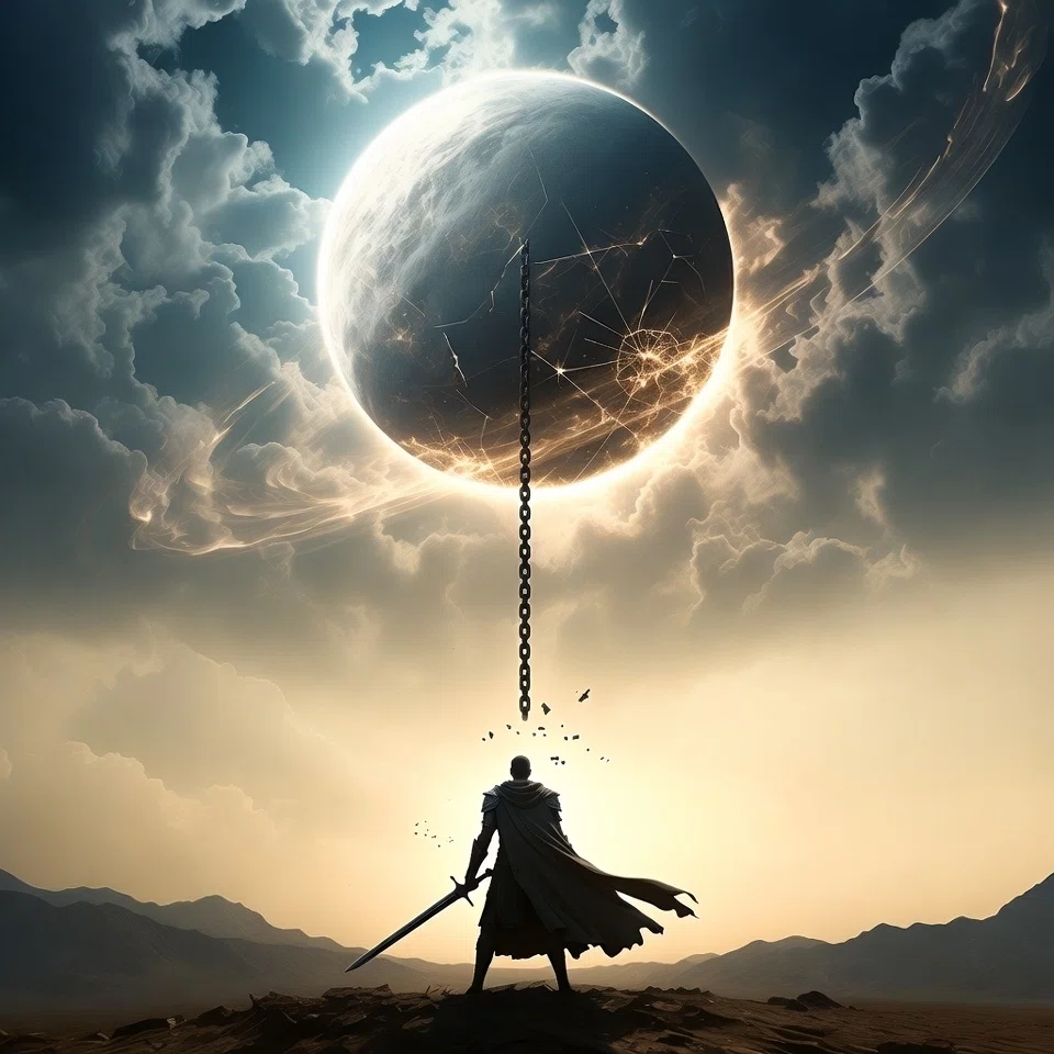 薄暗い荒野に立つ戦士の背中。上空には巨大な月が浮かび、中央を一本の太い鎖が貫いている。月の表面は黄金色の光沢のあるひび割れで覆われ、崩壊し始めている。鎖が貫く場所から砕けた破片が落ち、戦士はそれを静かに見上げている。ドラマチックな雲と夕暮れの光が背景を彩る。