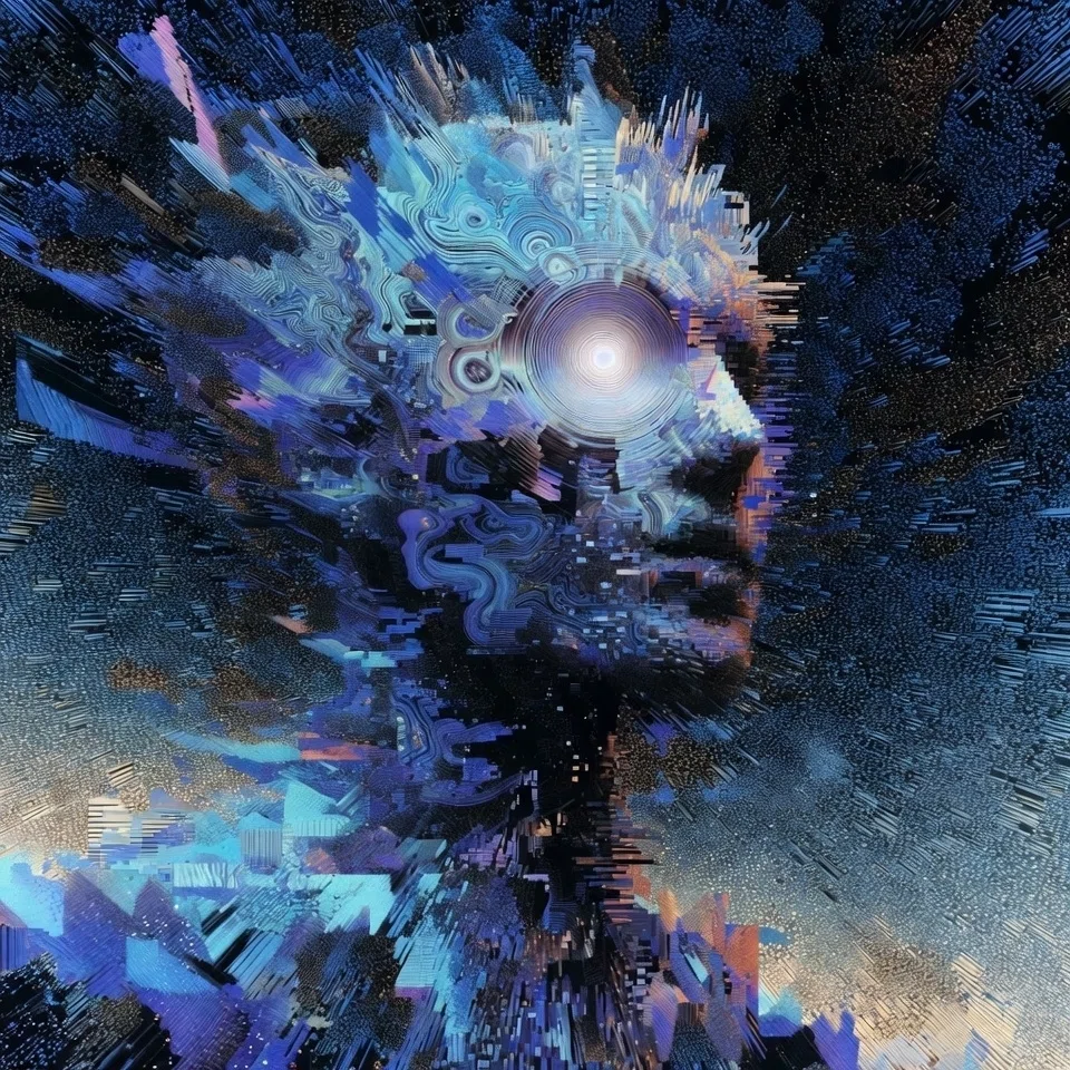 無数のデジタルノイズと青い幾何学模様が、人間の頭部の形を形作っているデジタルアート。右向きの横顔の目の位置には、波紋のような同心円を伴う強い光が配置されている。背景は宇宙のような暗闇に微細なドットが散りばめられ、全体として人格がデジタルノイズから構築されているような印象を与える。