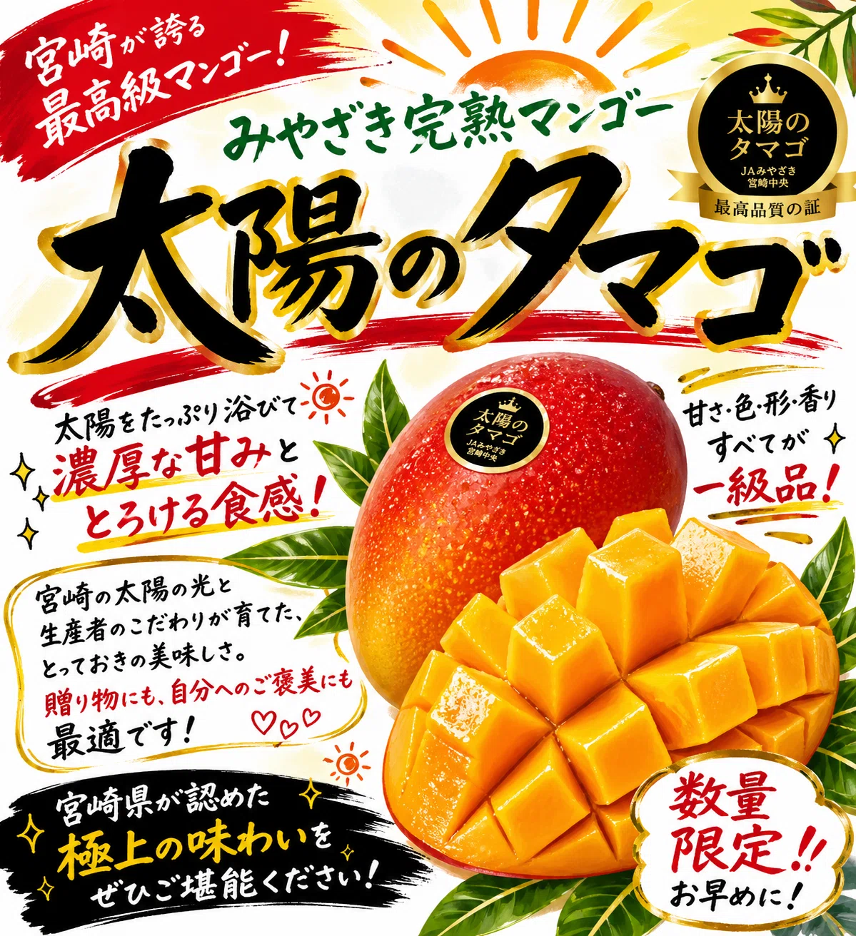 宮崎の太陽をたっぷり浴びて育った完熟マンゴー。 みやざき完熟マンゴー「太陽のタマゴ」POP🎨｜こーち｜青果バイヤー×AI