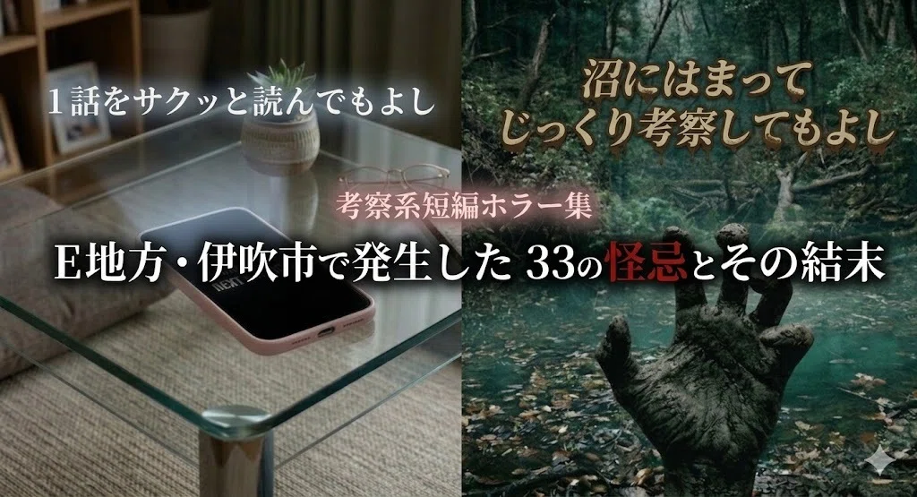1話をサクッと読んでもよし 沼にはまってじっくり考察してもよし 考察系短編ホラー集 E地方・伊吹市で発生した33の怪忌とその結末