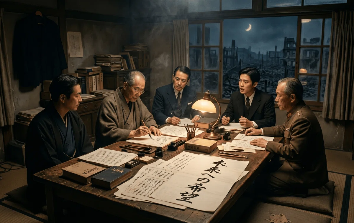 1946年、戦後東京の焼け跡を窓越しに望む畳の部屋で、座布団に座り新しい日本の草案を練る知識人や役人たちの歴史的・映画的な情景。「未来への希望」と手書きされた書類がデスクライトに照らされ、静謐ながらも力強い復興への意志を感じさせる。
