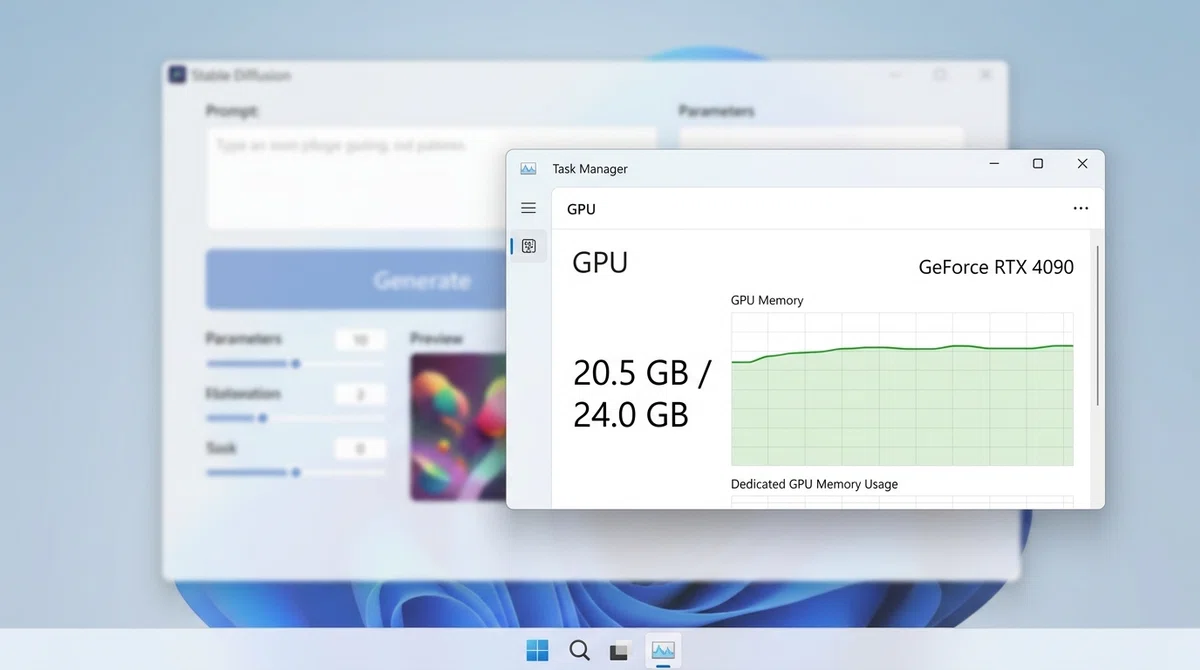 AI生成ソフトとタスクマネージャーのスクリーンショット - RTX 4090のVRAM使用量20.5GB表示