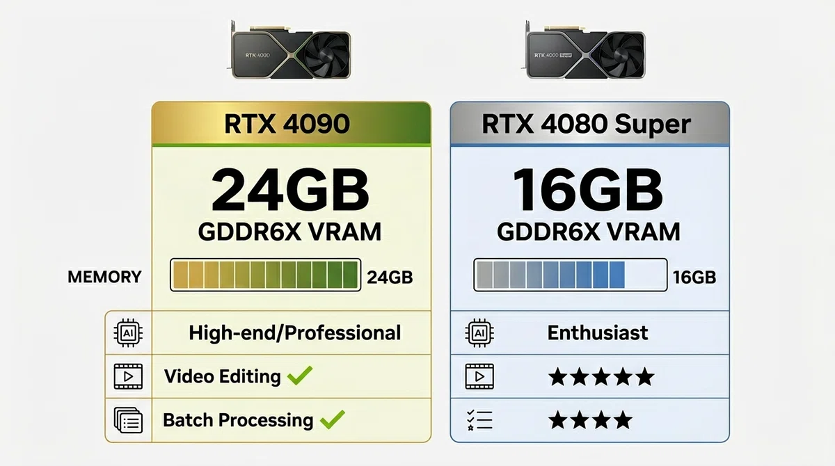 GeForce RTX 4090と4080 SuperのVRAM比較表 - 24GB対16GBのメモリ容量差を図解