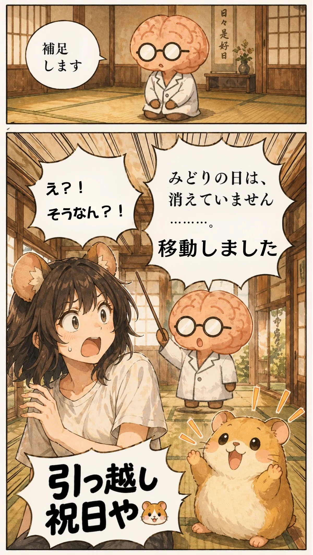 古民家の畳部屋。上の小さなコマでは、ミソマルが正座で落ち着いて座り、「補足します」と冷静に話す。下の大きなコマでは一転して、けいかが驚いた表情で振り向き、ふみまるが小さな手を上げて元気に反応する。ミソマルは淡々と説明を続け、場面は一気にコミカルな空気になる。
🗨️台詞
🧠ミソマル「補足します」
🧠ミソマル「みどりの日は、消えていません」
🧠ミソマル「移動しました」
けいか「え!?そうなん!?」
🐹ふみまる「引っ越し祝日や🐹」