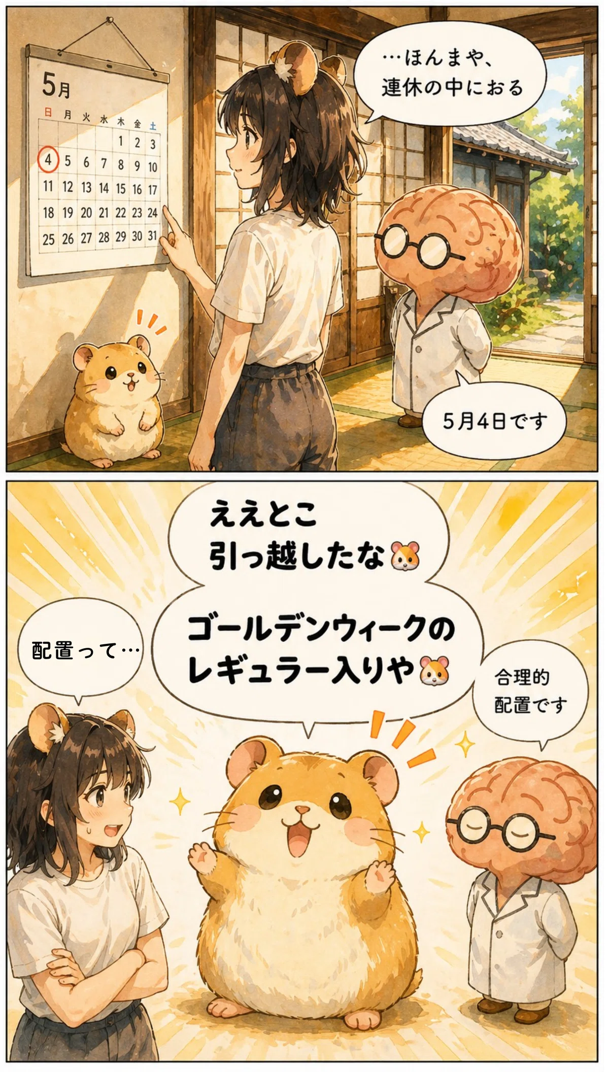 🖼️【4枚目 ALTテキスト】
古民家の畳部屋。上のコマでは、心野けいかがカレンダーを見ながら納得した様子でつぶやき、そばでミソマルが静かに補足している。足元にはふみまるがいる。
下の大きなコマでは、ふみまるが中央で小さな手を上げて明るく話し、けいかが少し呆れたようにツッコミ、ミソマルが落ち着いてコメントする。全体的にやわらかく明るい雰囲気で、前向きな締めになっている。
🗨️台詞
けいか「…ほんまや、連休の中におる」
🧠ミソマル「5月4日です」
🐹ふみまる「ええとこ引っ越したな🐹」
🐹ふみまる「ゴールデンウィークのレギュラー入りや🐹」
けいか「ポジション言うな」
🧠ミソマル「合理的配置です」