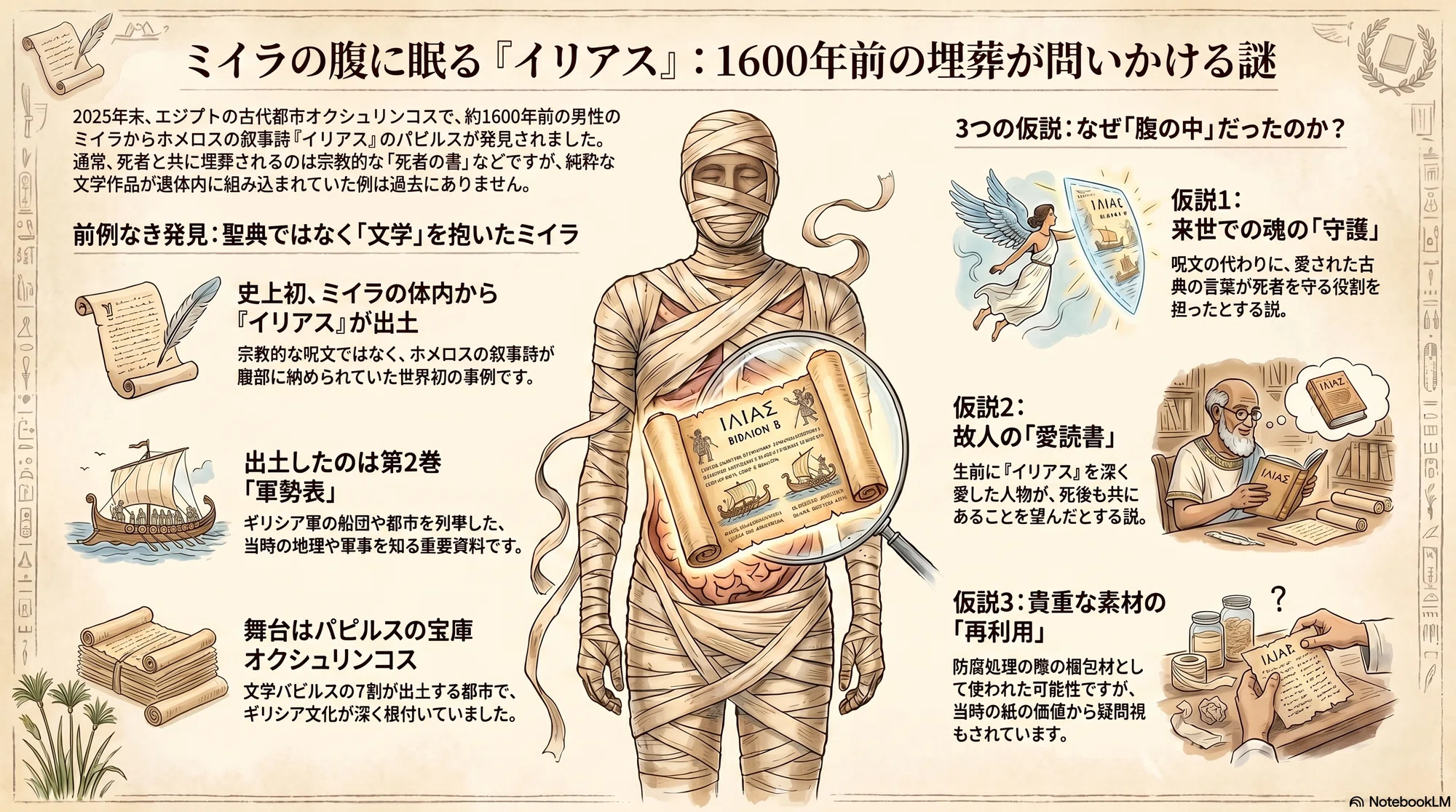 ミイラの腹に眠っていた『イリアス』――古代エジプトで見つかった、前例 ミイラの腹に眠っていた『イリアス』――古代エジプトで見つかった、前例