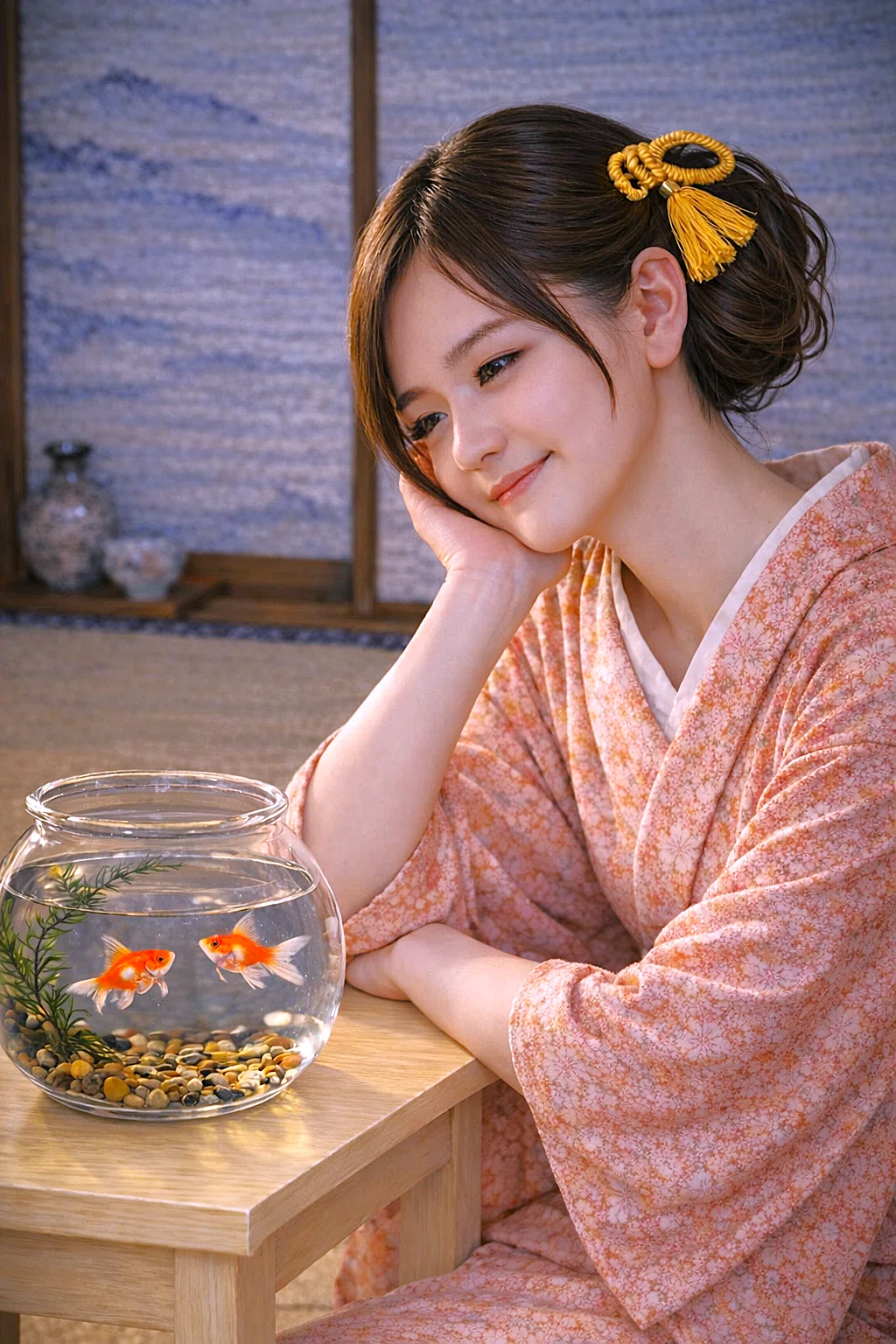 金魚と紅梅色の着物の女性】 生成AI 美人画 美術 間（ま）/ 時（とき
