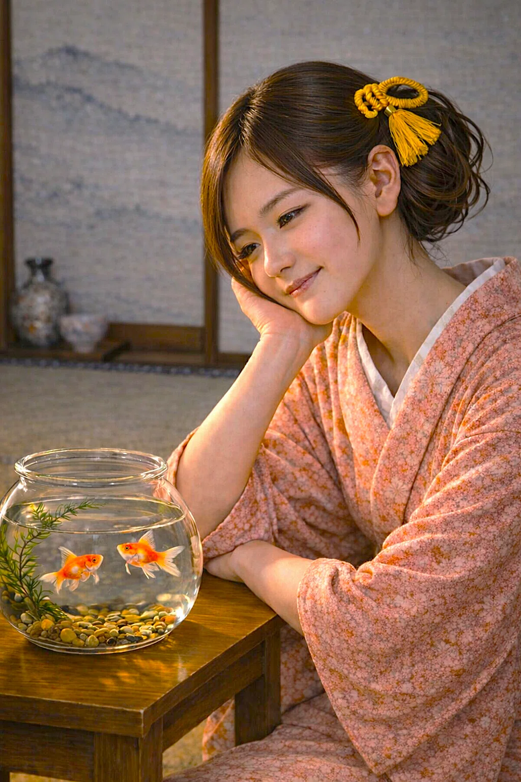 送料無料★顔彩★人物画★金魚★着物★一点物★ 水彩で描いた、金魚すくいをしている少女と、金魚ゼリー 絵画