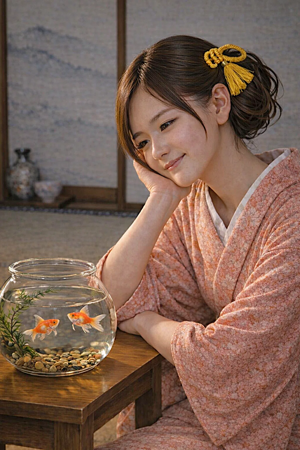 送料無料★70歳代遅咲きの画家★顔彩★着物★金魚★ 金魚と紅梅色の着物の女性】 生成AI 美人画 美術 間（ま）/ 時（とき