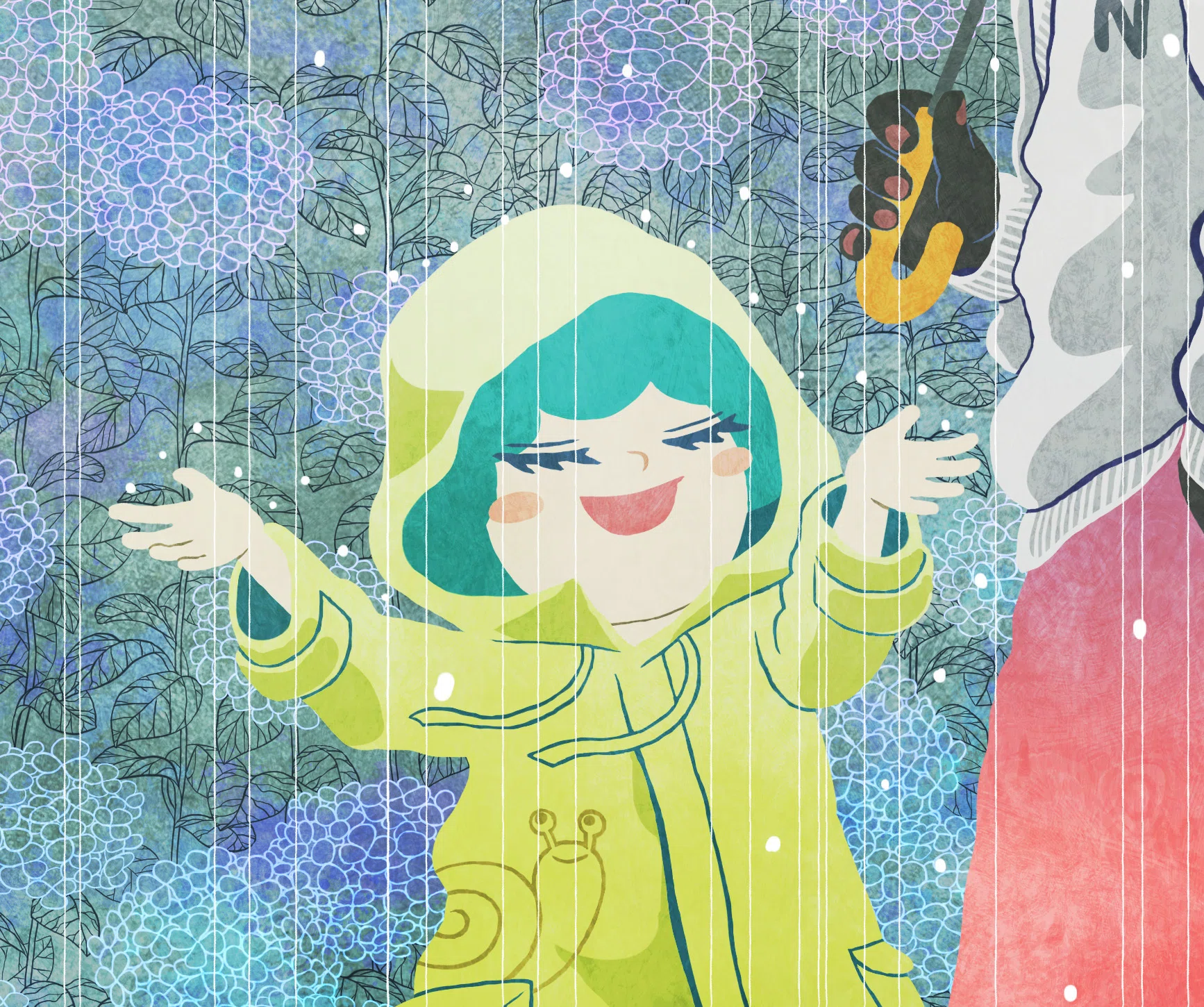 雨の中、紫陽花通りを散歩するミドリと紅｜ニスン