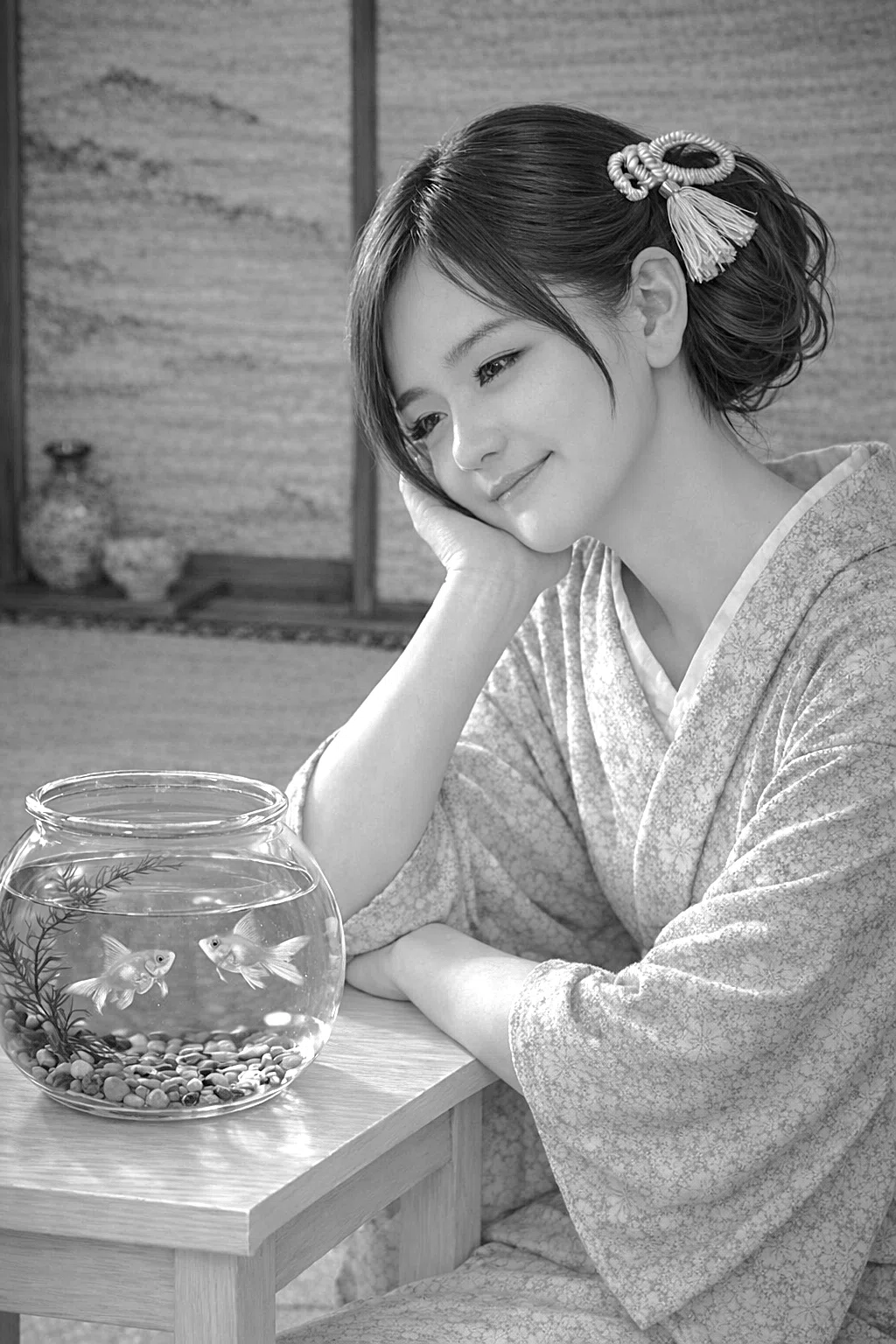金魚と紅梅色の着物の女性】 生成AI 美人画 美術 間（ま）/ 時（とき