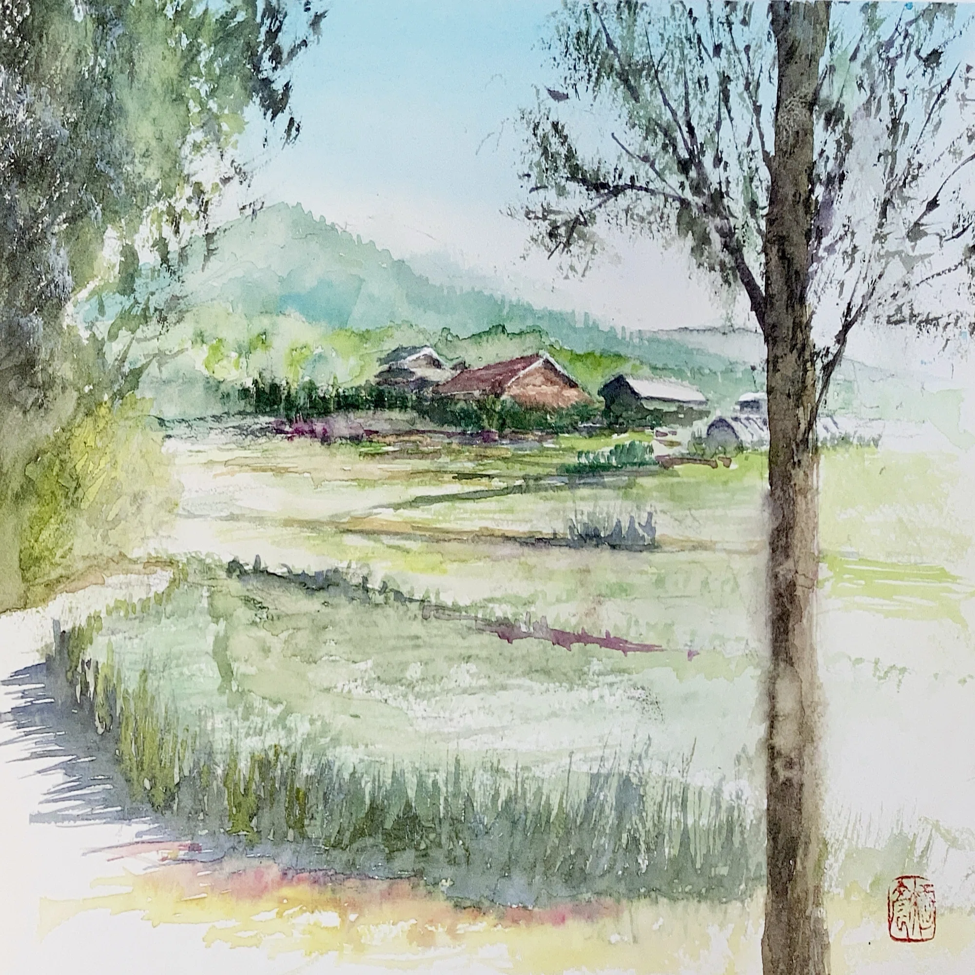 水彩画170】道のある風景：ぶらぶら散策｜tatatotoya