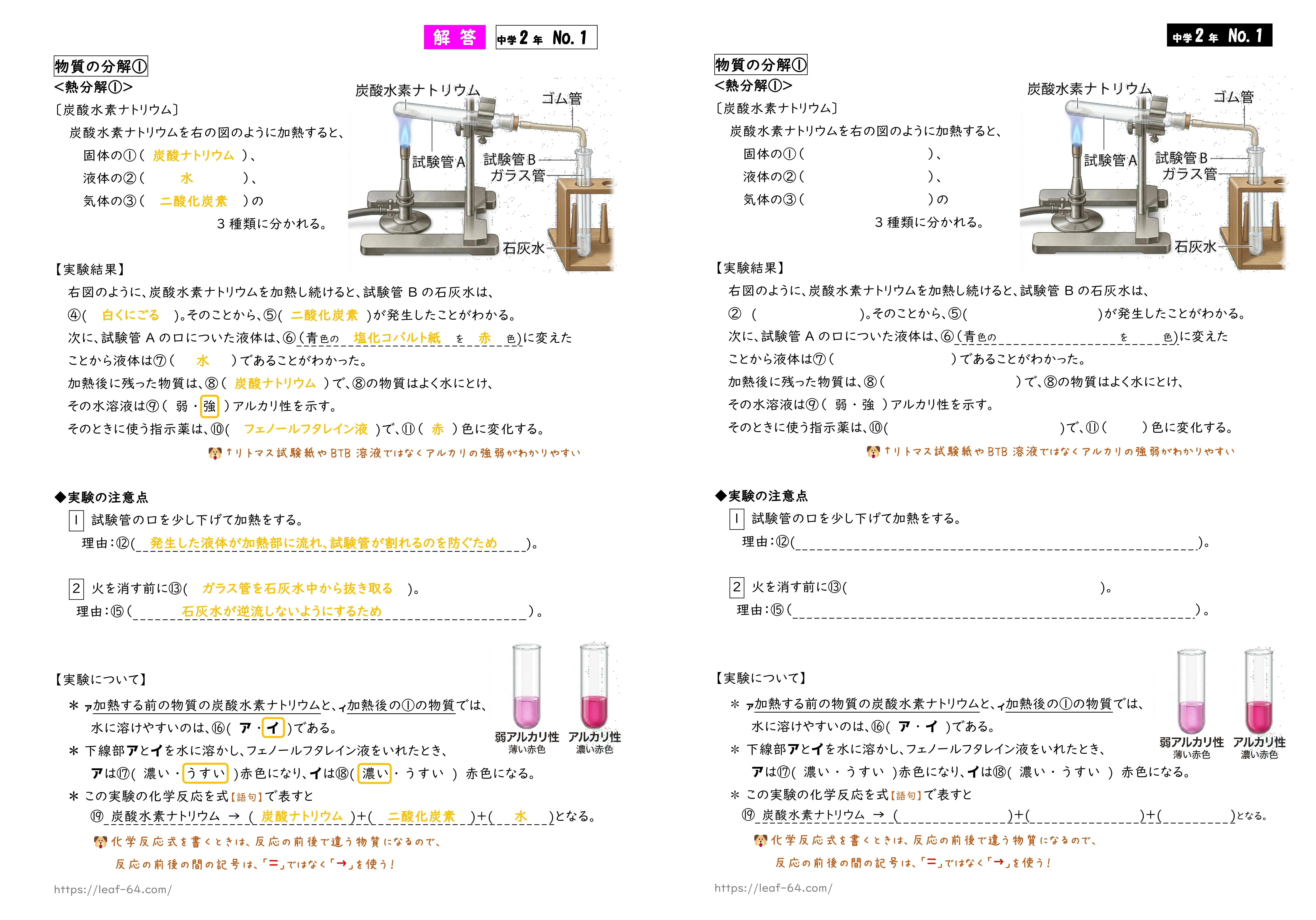 中2理科・化学分野】定期テスト対策プリント｜書き込み式＋赤シート