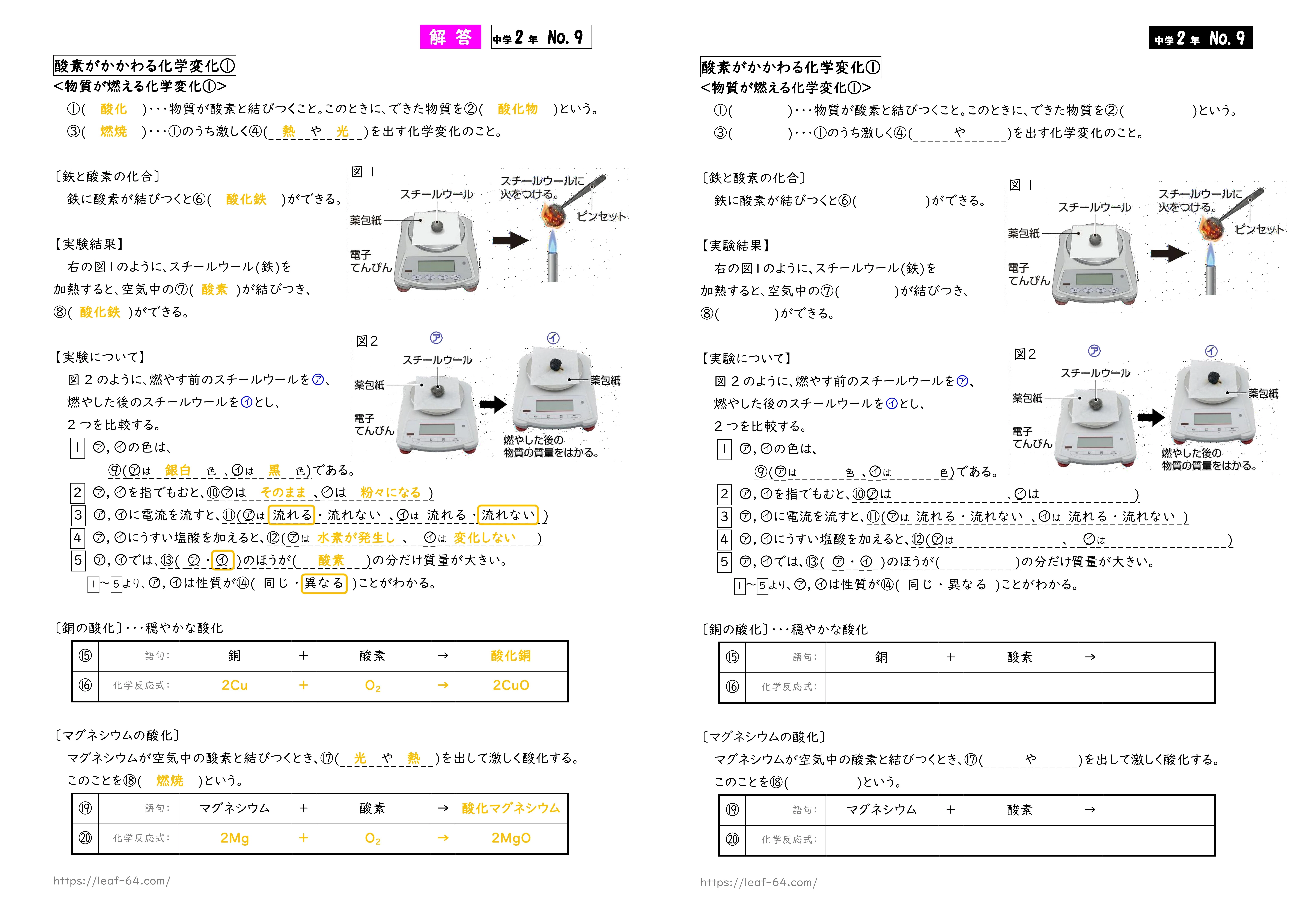 中2理科・化学分野】定期テスト対策プリント｜書き込み式＋赤シート
