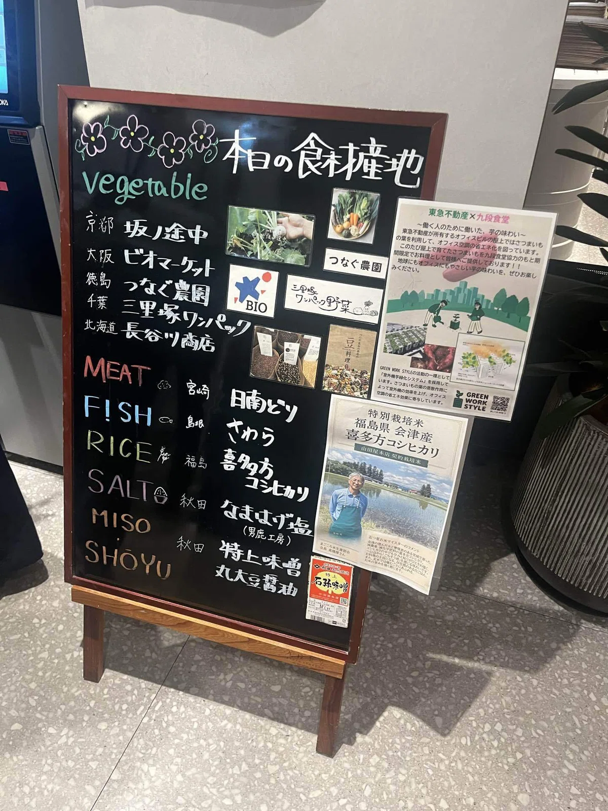 九段下駅にある九段会館テラスの九段食堂の食材産地について書かれた案内板の画像