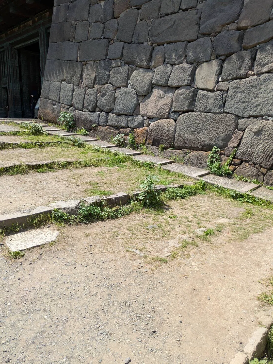 九段下駅近くの北の丸公園に入る清水門の画像。段差があるため、ベビーカーでは入れない。