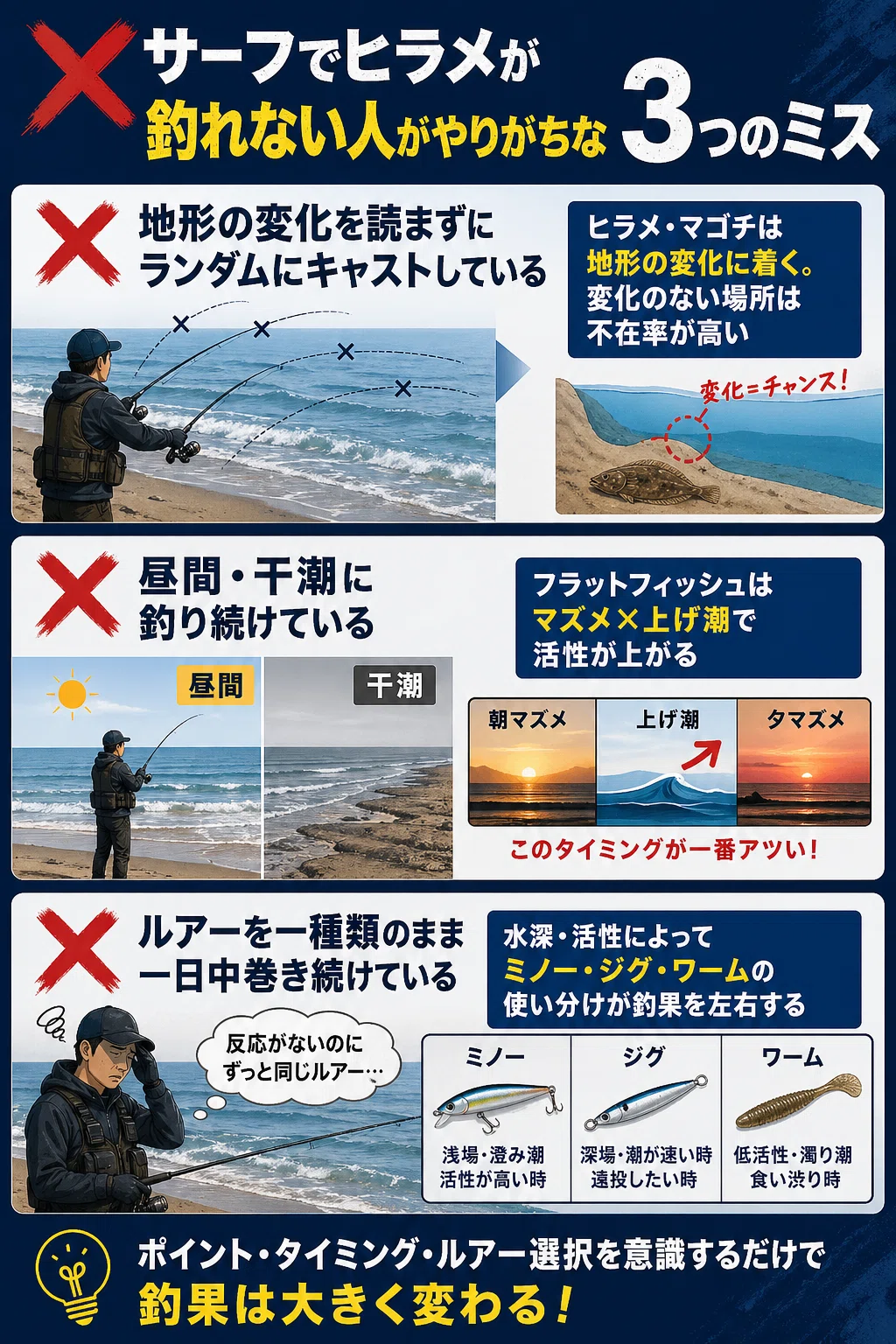 サーフでヒラメが釣れない人がやりがちな「3つのミス」｜ポイントの