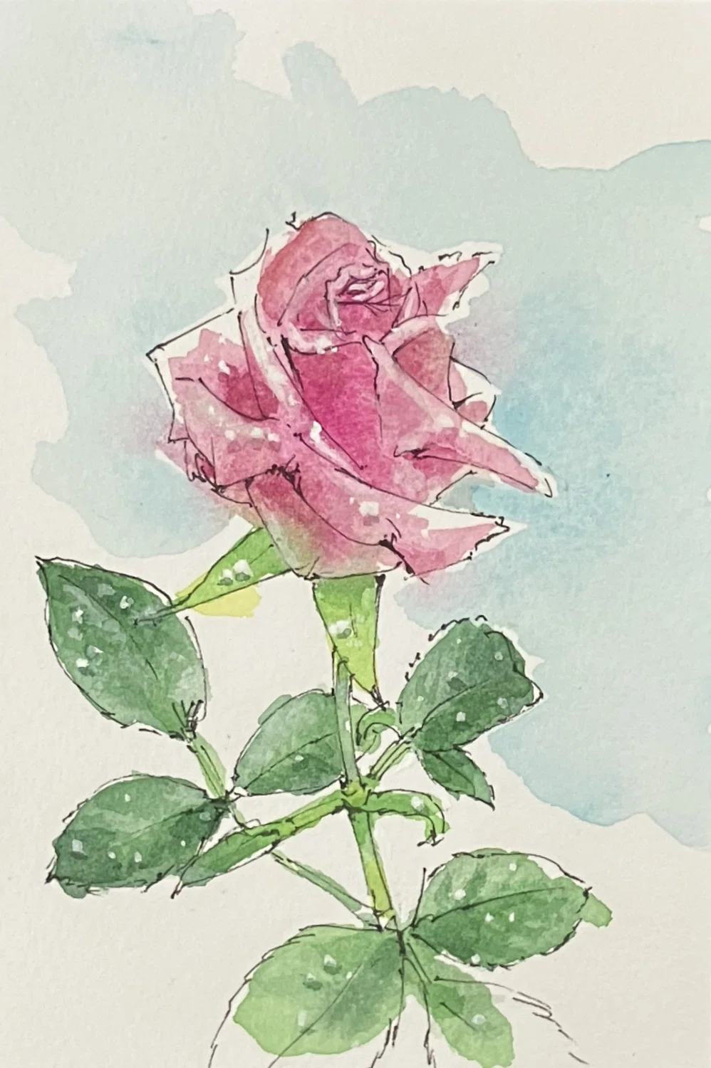 水彩画　薔薇の咲くベンチで一休み　値段は※900円です 水彩画 薔薇の咲くベンチで一休み 値段は※900円ですの通販