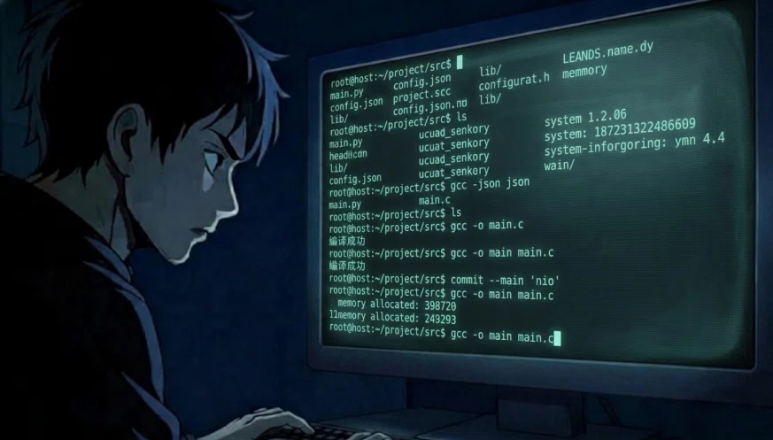 イラスト小説「コードの果て」コマンド入力でAIセラフィムを強化するカイトの画像。「コードの果て」で検索!