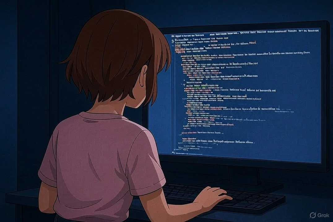 イラスト小説「コードの果て」ユナが端末に飛びついてAIセラフィムのバックアップをとる画像。「コードの果て」で検索!