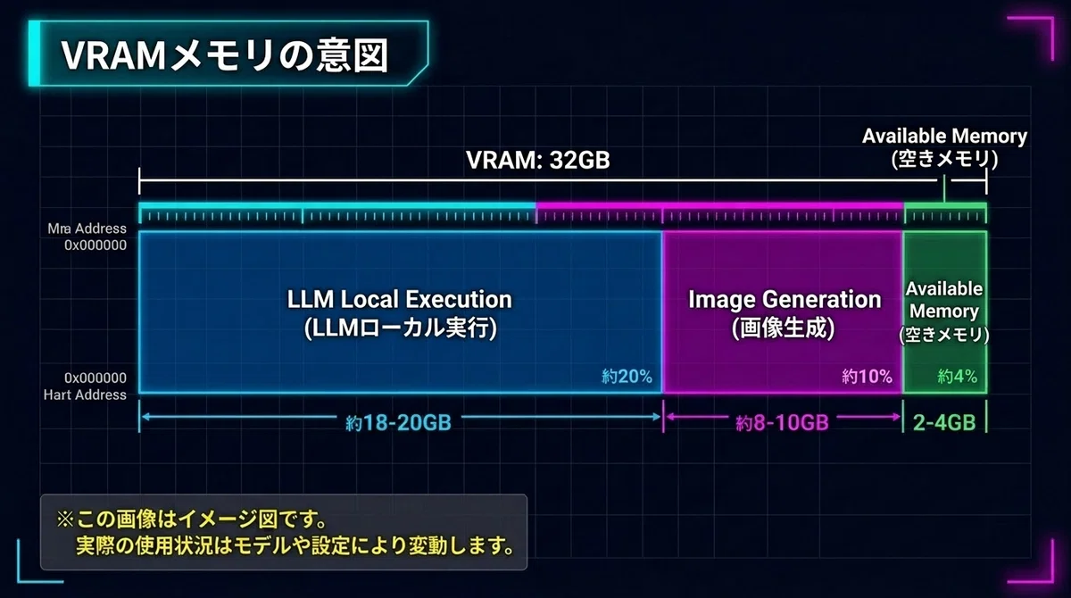 VRAM 32GB使用状況グラフ - LLMローカル実行、AI画像生成、空きメモリのメモリ配分を示す技術的インフォグラフィック