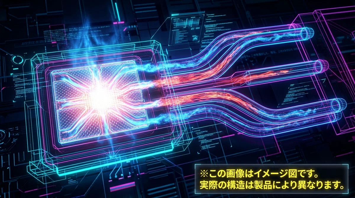 サイバーパンク風ベイパーチャンバーとヒートパイプ断面図 - ネオンブルーとマゼンタで発光する冷却システム内部構造の技術イメージ図