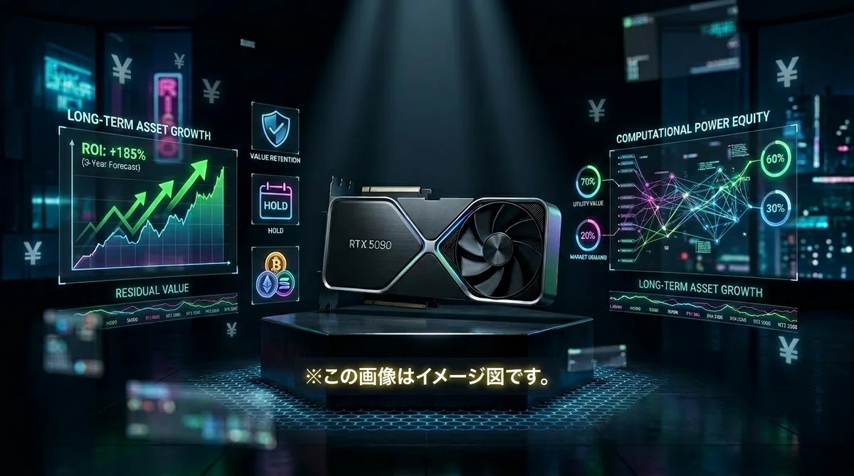 GPU長期投資コンセプト画像 - プレミアムグラフィックカードを中心に、成長チャート、ROI指標、価値保護のメタファーで投資合理性を表現（イメージ図）