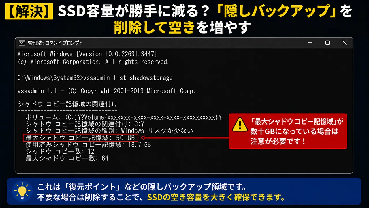 解決】SSD容量が勝手に減る？「隠しバックアップ」を削除して空きを