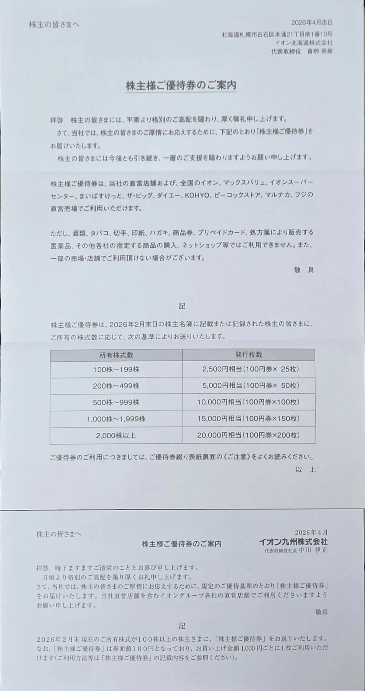 イオン北海道、イオン九州の株主優待が届く｜八洲加美世