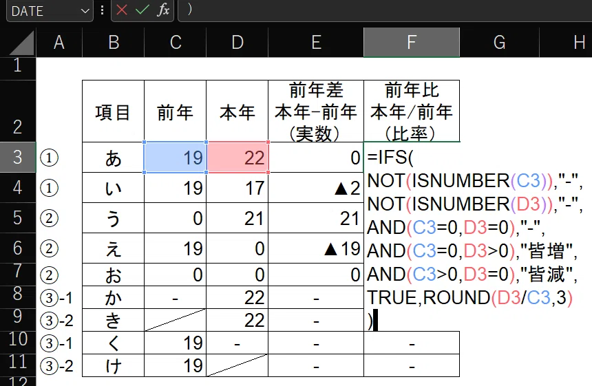 [EXCEL] 数値が0で前年比がエラー！ IFS関数で皆増・皆減・「-」を自動表示 （作表実践）｜お役所のエクセル EXCELでつまずかない ...