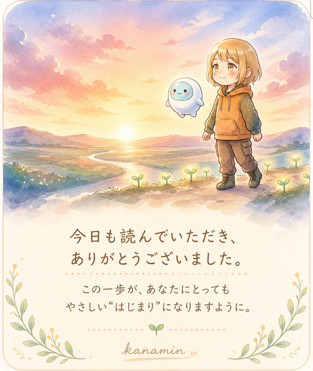 やさしい夕焼けの中、カナミンとナノが未来に向かって歩き出すイラスト。Kindle出版へのはじまりの一歩を表現しています。
