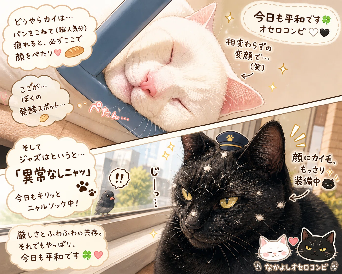 今日も平和です🍀オセロコンビ🤍🖤猫日記🐱｜ねる