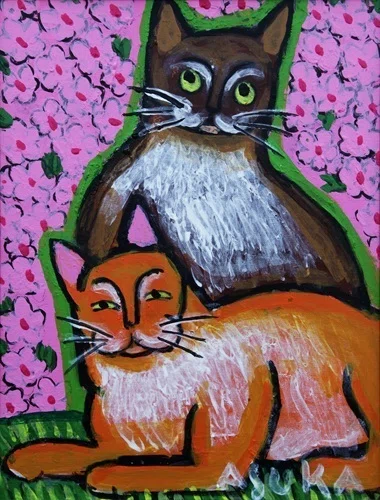 yasukiti1997様オーダー 絵画「ハチワレ猫と小鳥のアート　イエロー」 原画「ハチワレ猫と小鳥のポップ アート グリーンバージョン」ふしぎな