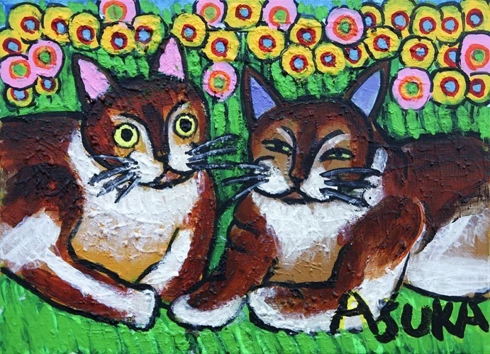 yasukiti1997様オーダー 絵画「ハチワレ猫と小鳥のアート　イエロー」 レオとレミー／田﨑飛鳥（2024）｜【公式】田﨑飛鳥デジタルギャラリー