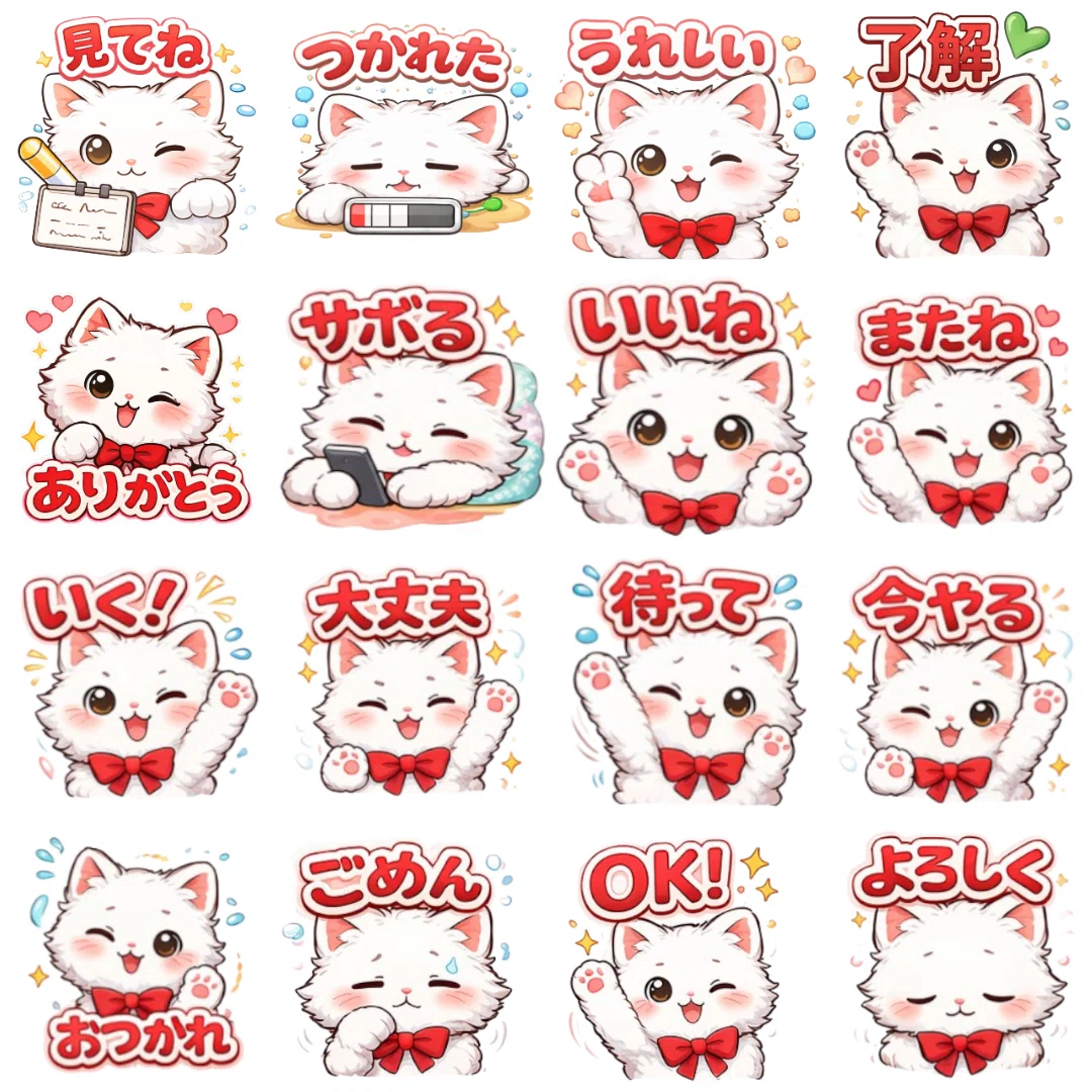感謝価格(ㅅ´꒳` )リボン白猫ちゃん 新作】毎日使える♪ふわふわ白猫のリボンちゃんスタンプをリリースしま