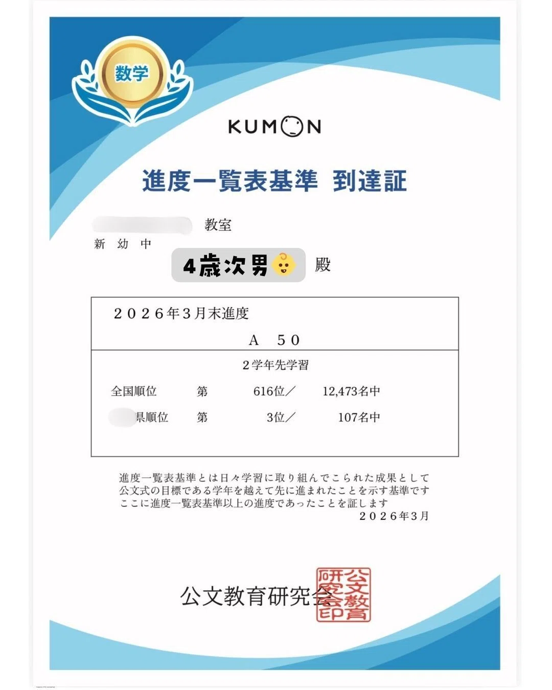 KUMON 全国進度上位者のつどい2004 数学 小4/公文：進度一覧表基準認定