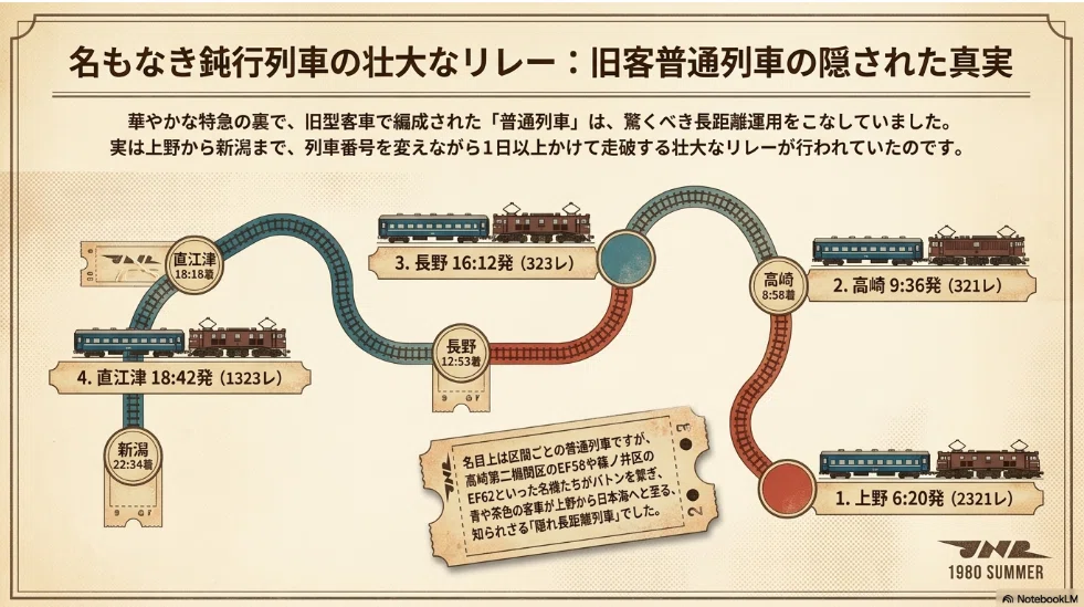 NotebookLMで1980年にワープ 上野発 高崎 長野 直江津経由 新潟行き