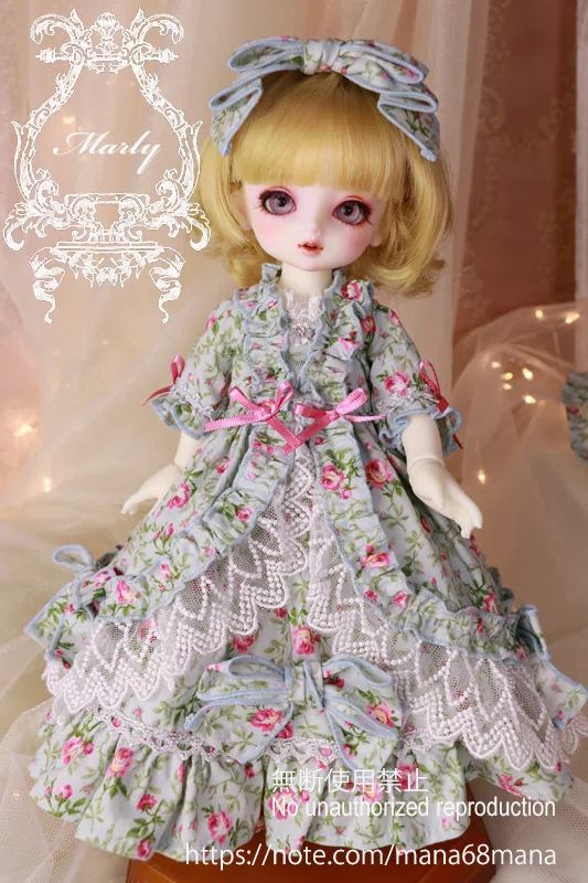 幼SD衣装★ 薔薇と紅茶染めレースのドレス 通販 幼SDサイズ オパールグリーン色小薔薇柄のロココ風ドレス｜まな