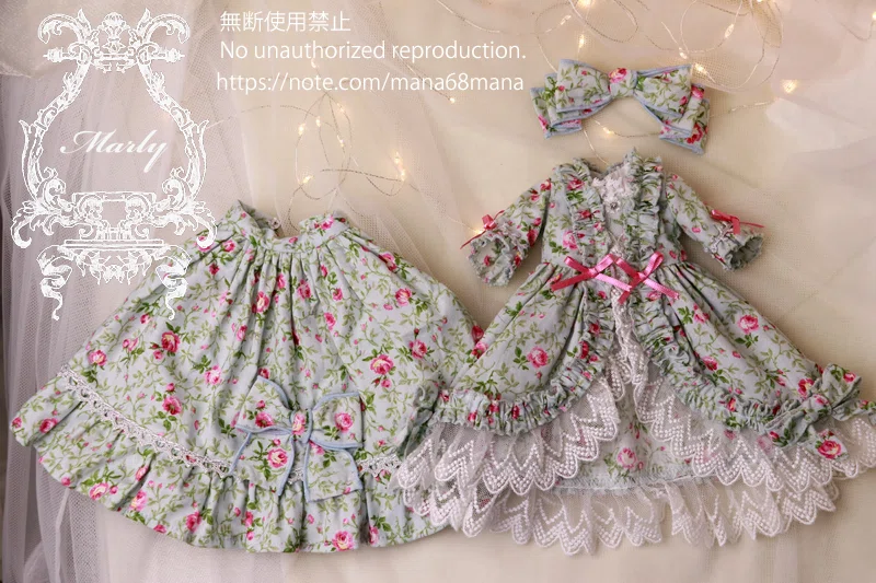通販 幼SDサイズ オパールグリーン色小薔薇柄のロココ風ドレス｜まな