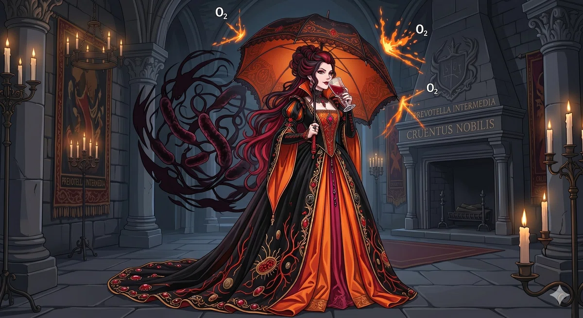 歯周病菌のプレボテラ・インターメディアを擬人化したイメージ画像黒色色素産生」「嫌気性」「歯周病菌」という特徴をアニメ調のビジュアルに落とし込んでいる