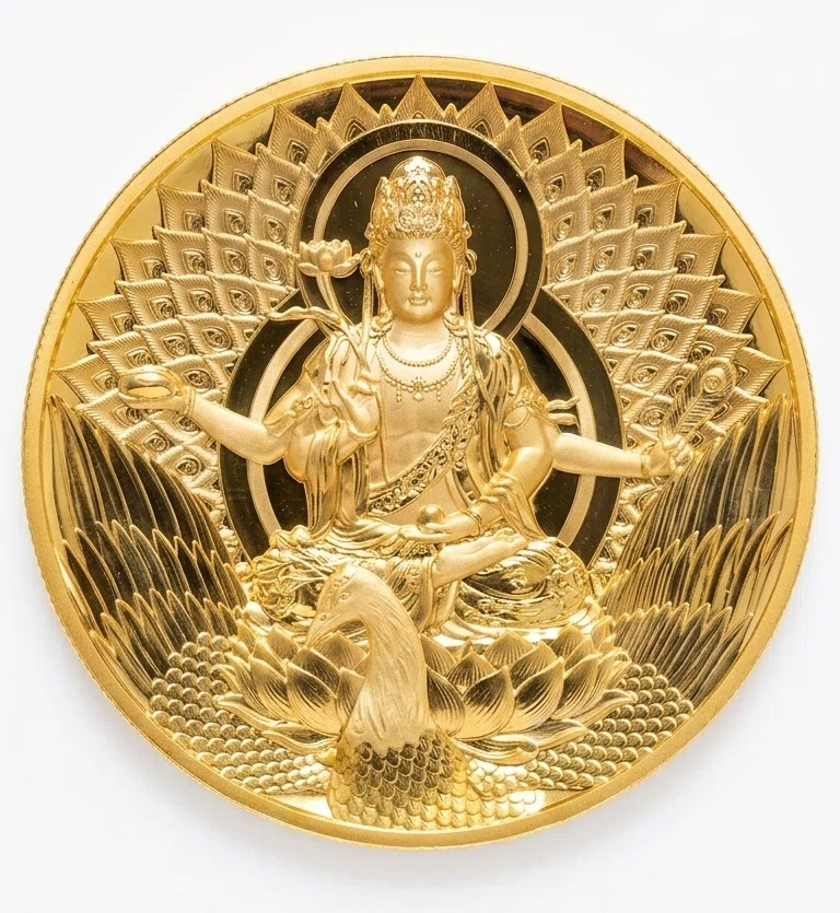最高鑑定】息をのむ造形美。中国「孔雀明王」金メッキ銅メダル（NGC