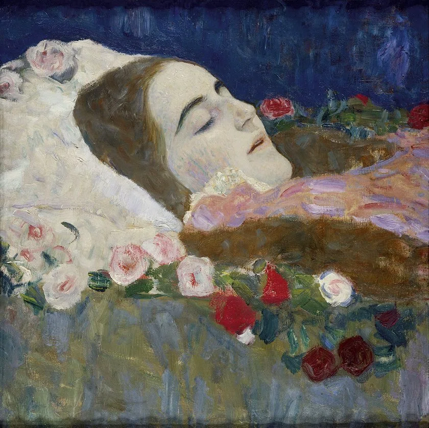 永遠の眠りと花の冠】クリムト『死の床のリア・ムンク』。悲しみを美へ