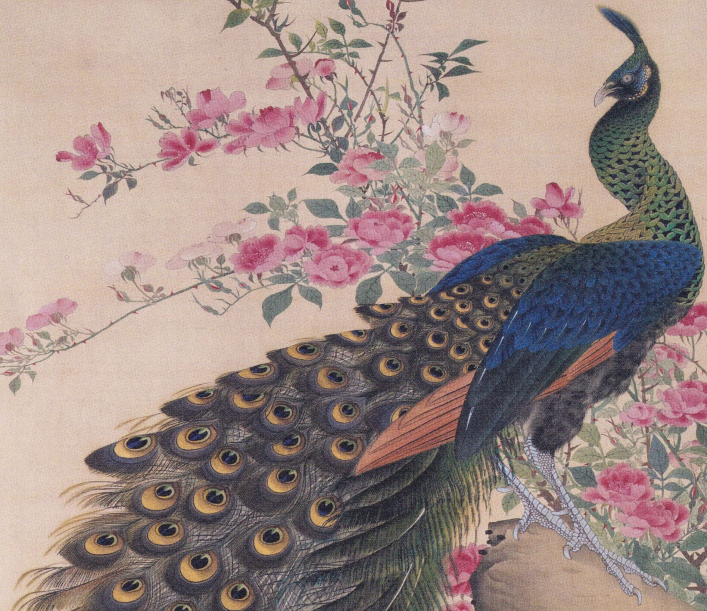 Pashmina カシミヤ100%  大判　孔雀と花の絵画のような柄　ブルー秋冬 牡丹に孔雀図 - 谷文晁 - 日本画 - 名画 - Canon Creative Park