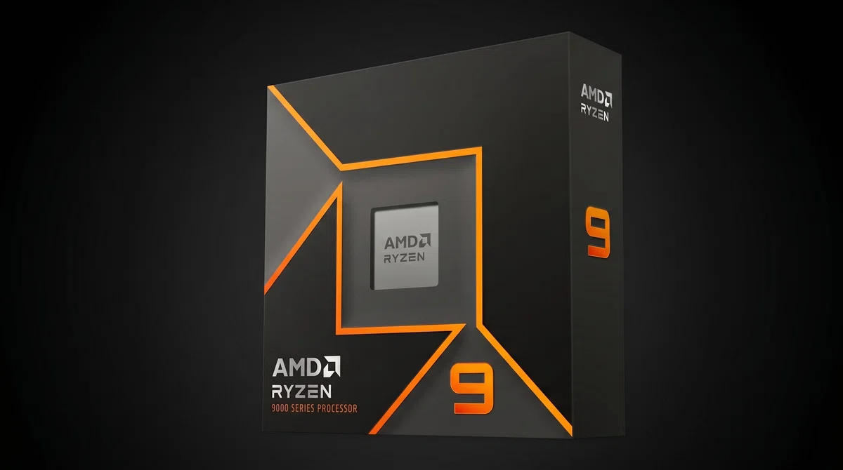 AMD Ryzen 9000シリーズプロセッサーのリテールボックスパッケージ。ダークグレーの高級感あるデザインにオレンジの幾何学的な「9」のアクセントライン。