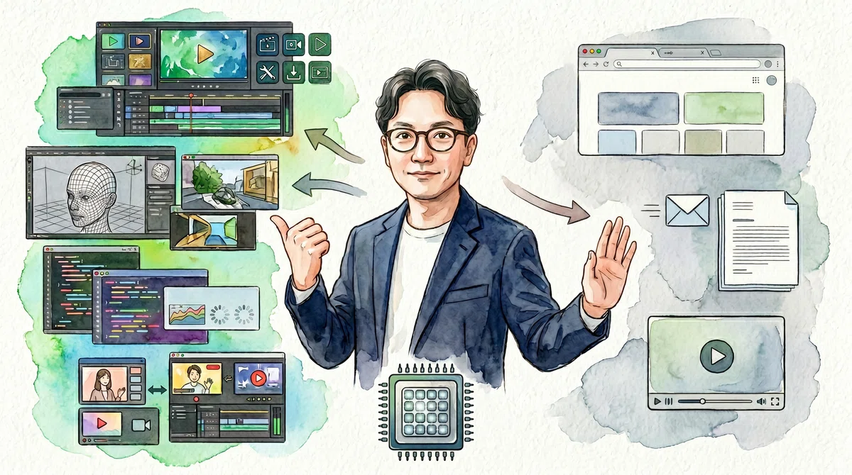 中央のエスワン代表OMASAが左手でサムズアップ、右手で「非推奨」のジェスチャー。左側に動画編集・3Dレンダリング・マルチタスクなど高負荷作業のプロフェッショナルユーザー、右側にWebブラウジング・メールなど軽作業のカジュアルユーザーを表現した16コアCPU適性比較の水彩イラスト。