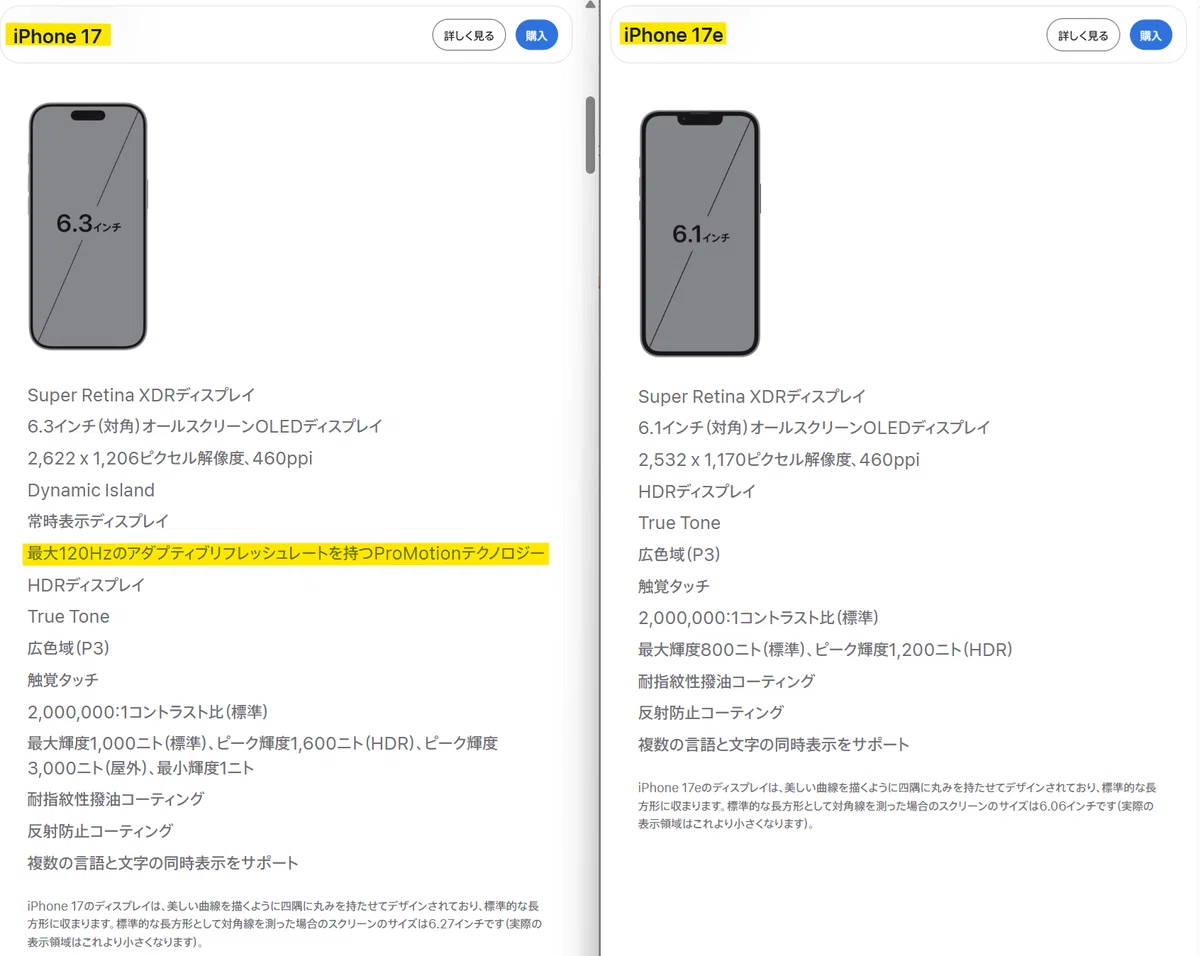 iPhone 17e 17 リフレッシュレート